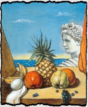 Frutta con busto di Apollo, 1973 olio su tela - 61 x 50 cm.